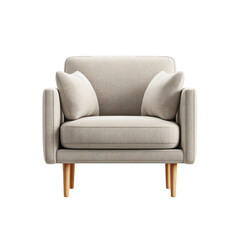 Comfortable modern armchair with two plush pillows and wooden legs isolated on transparent background