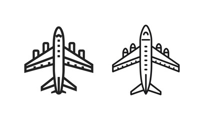 Two stylized line art icons of airplanes viewed from above on a white background