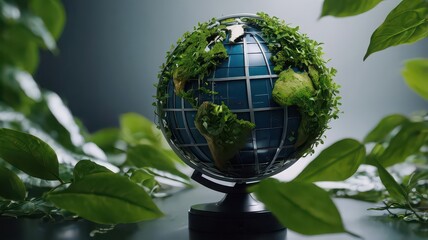 A globe covered in green plants and surrounded by green leaves on a gray background surface view