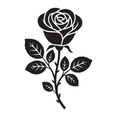 Black silhouette of a rose with leaves flower white