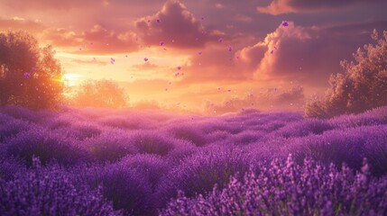 A breathtaking lavender field at sunrise.