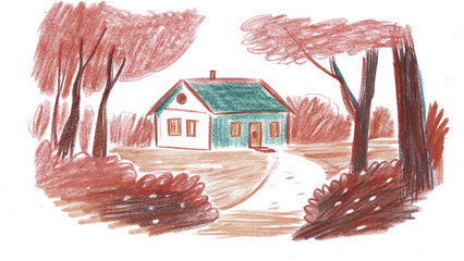 Hand-Drawn Pencil Illustration of Peaceful Village Scene with Green House