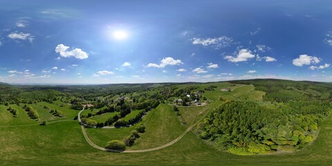 Mountain countryside small village, Czechia, aerial spherical panorama 360 VR