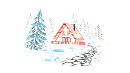 Pencil Sketch of Cozy Forest Cabin with Pine Trees and Rocky Path