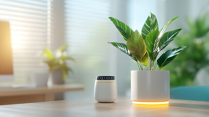 Indoor plant care smart home gadgets modern office product photography bright environment close-up sustainability concept