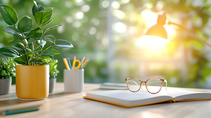 Sunlit workspace with green plants home office photo bright environment close-up view relaxing study concept