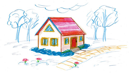 Pencil Sketch of Tiny Countryside House Surrounded by Trees and Garden