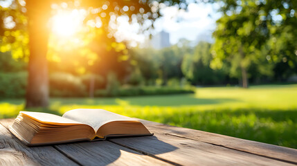 Reading a book in a serene park at sunset nature's tranquility outdoor relaxation warm glow peaceful scene