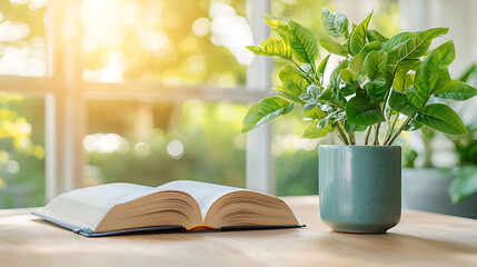 Reading a book in a sunlit room with a potted plant indoor still life tranquil close-up mindfulness