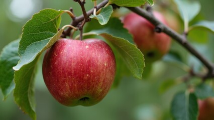 Red apples hanging between green leaves and branches