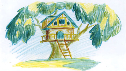 Hand-Drawn Fantasy Illustration of Treehouse in Nature with Storybook Style