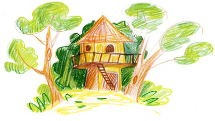 Hand-Drawn Fantasy Illustration of Treehouse in Nature with Storybook Style
