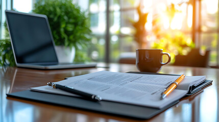 Productive workspace scene home office document and laptop bright environment morning light focused productivity