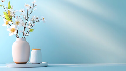 Elegant flower arrangement in minimalist vase on calm blue background still life photography serene home decor