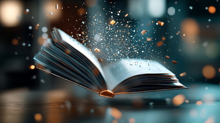 Magical book floating in the air mystical library fantasy art ethereal atmosphere close-up imagination unleashed