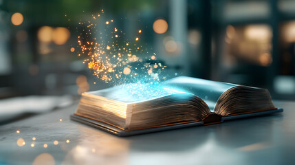 Magical transformation of an open book library study room digital art enchanted atmosphere close-up storytelling power