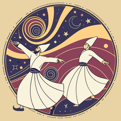 Illustration of two whirling dervishes in white robes dancing against a celestial background scene