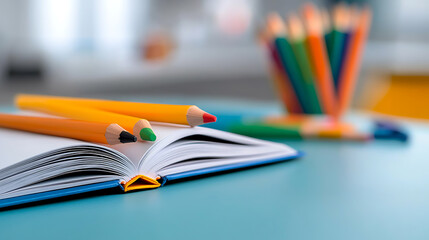 Colorful stationery items on open book creative workspace photography bright environment close-up view education concept