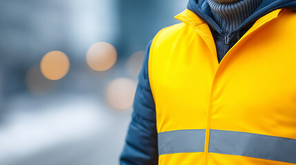 Close-Up of Yellow High-Visibility Safety Vest with Reflective Stripe