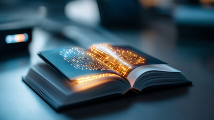 Digital transformation innovation open book office still life technology concept