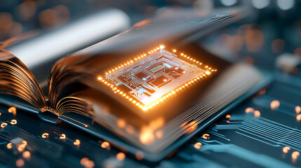 Exploring innovative technology circuit board in an open book digital realm graphic design futuristic perspective