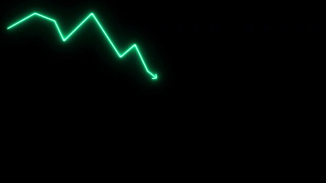 Decreasing trend cyan glowing line graph on black background. Recession chart of economy. Economic crisis, recession, decrease graph.