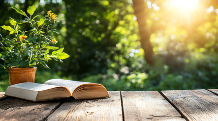 Reading nature's beauty an open book on a wooden table late afternoon sunlit green environment