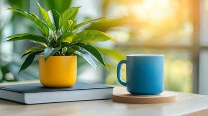 Morning serenity potted plant and coffee mug on a desk home office still life bright environment relaxed viewpoint