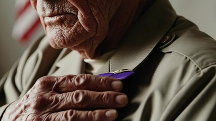 Veteran honors military service wearing medal in thoughtful tribute to courage. National Purple Heart Day - Powered by Adobe