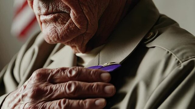 Veteran honors military service wearing medal in thoughtful tribute to courage. National Purple Heart Day