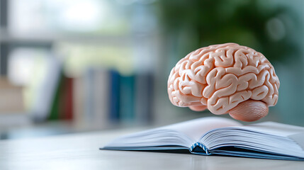 Exploring cognitive insights brain on book study room digital art focused atmosphere elevated perspective