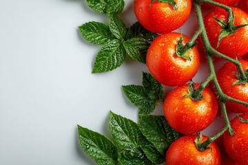 Close up of fresh red tomatoes on the vine with water droplets and green leaves on a white surface