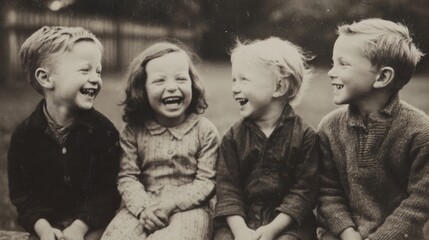 Happy children laughing together vintage photo