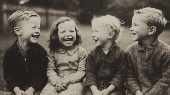 Happy children laughing together vintage photo
