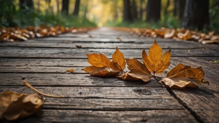 Close up of fallen autumn leaves on a wooden path leading into a blurred forest background scene