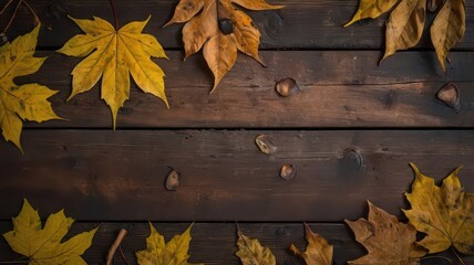 Autumn leaves and acorns scattered on a dark wooden surface creating a seasonal composition and texture