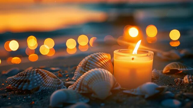 A beautiful seascape with seashells and glowing candles on the sand