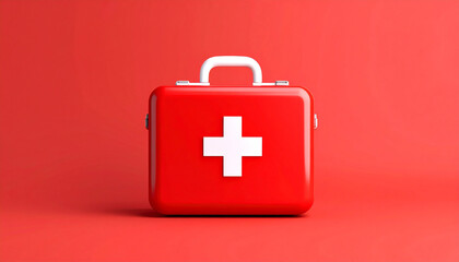 Obraz premium “Emergency Rescue Kit in 3D Style on Red Solid Background, Isolated”