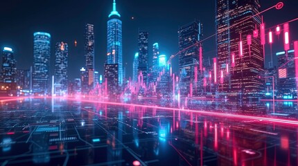 Stock market analysis, holographic financial charts, neon data visualization.