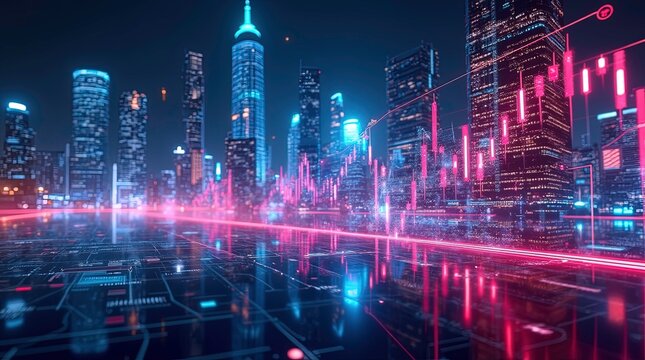 Stock market analysis, holographic financial charts, neon data visualization.