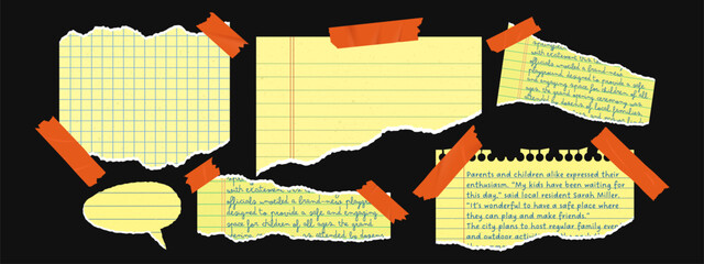 Yellow torn notebook paper collage with lined sheets and orange tape. School and office stationery set for digital design, scrapbooking, or banner projects.