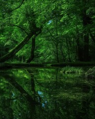 Obraz premium Serene Forest Pond Reflection: Lush Green Canopy, Tranquil Mood