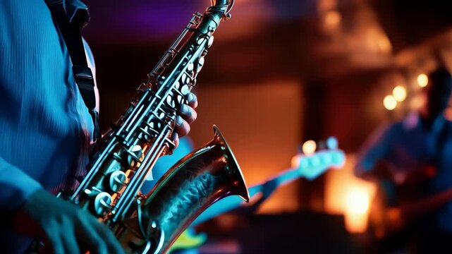 Jazz musicians in a band playing on the stage of a jazz club, hot atmosphere