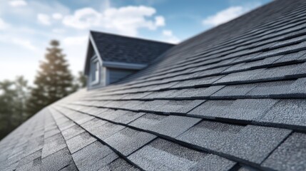 Asphalt shingle roof and gable house against blue sky - architectural design.