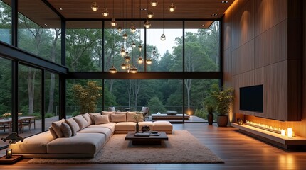 Fototapeta premium Large bright living room with large windows. Modern and luxury design elements. 3d renders