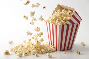 Fresh popcorn spilling from a classic red striped container evokes movies and snacking delight.