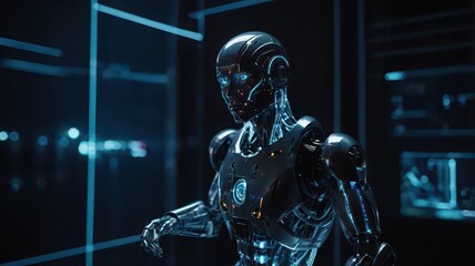 A sleek humanoid robot with glowing blue accents stands in a futuristic dark technological environment