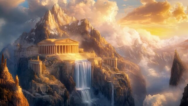 Mount Olympus, the magnificent realm of Greek gods, surrounded by clouds