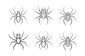 Set of six simple Spider vector illustrations on a transparent background. Halloween spiders. Editable strokes.