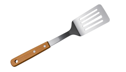 A  stainless steel spatula with a wooden handle. designed for flipping or serving food its flat. wide blade makes it ideal for grilling. cooking. or baking. providing a practical tool for various .